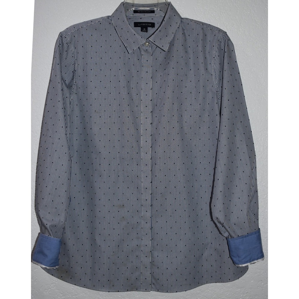 Lands End Womens 10 No Iron Supima Button Shirt Striped Polka Dot Contrast Cuff